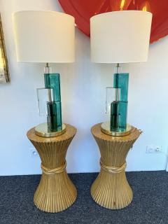 Contemporary Pair of Lamps Green Cubic Murano Glass and Brass Italy - 2950241
