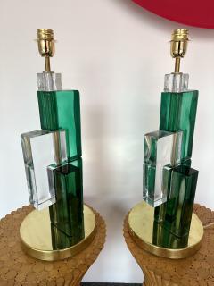 Contemporary Pair of Lamps Green Cubic Murano Glass and Brass Italy - 2950245