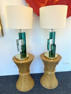 Contemporary Pair of Lamps Green Cubic Murano Glass and Brass Italy - 2950246