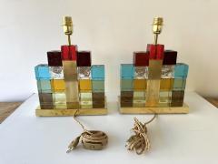 Contemporary Pair of Lamps Multicolors Cubic Murano Glass and Brass Italy - 3878706