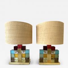 Contemporary Pair of Lamps Multicolors Cubic Murano Glass and Brass Italy - 3884080