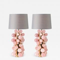 Contemporary Pair of Rose Quartz Spheres Lamps with Grey Silk Shades - 3728520