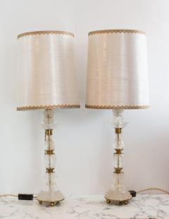 Contemporary Pair of White Rock Crystal and Bronze Lamps with Custom Silk Shades - 2241128