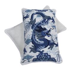 Contemporary Pillow Pair in Cotton and Blue Dragon Print - 3648729