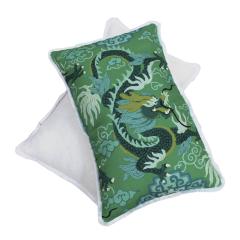 Contemporary Pillow Pair in Cotton and Green Dragon Print - 3648733