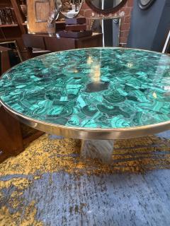Contemporary Round Malachite Stone Top Dining Table with Solid Brass Base - 4662977