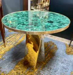 Contemporary Round Malachite Stone Top Dining Table with Solid Brass Base - 4662983