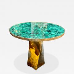 Contemporary Round Malachite Stone Top Dining Table with Solid Brass Base - 4678130