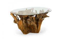 Contemporary Rustic Tree Root and Clear Oval Glass Coffee Table - 4660659