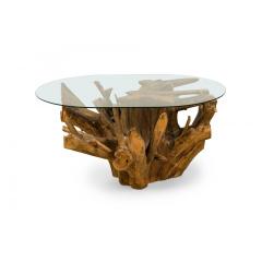 Contemporary Rustic Tree Root and Clear Oval Glass Coffee Table - 4717966