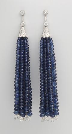 Contemporary Sapphire Bead and Diamond Tassel Earrings in 18K White Gold - 85562