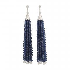 Contemporary Sapphire Bead and Diamond Tassel Earrings in 18K White Gold - 86179