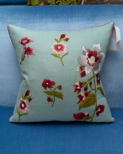Contemporary Soft Blue Merino Wool and Linen Pillow with Embroidered Florals - 3558306