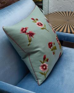 Contemporary Soft Blue Merino Wool and Linen Pillow with Embroidered Florals - 3558308