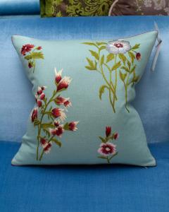 Contemporary Soft Blue Merino Wool and Linen Pillow with Embroidered Florals - 3558316