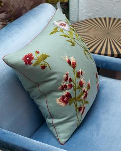 Contemporary Soft Blue Merino Wool and Linen Pillow with Embroidered Florals - 3558318