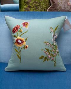 Contemporary Soft Blue Merino Wool and Linen Pillow with Embroidered Florals - 3558321