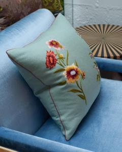 Contemporary Soft Blue Merino Wool and Linen Pillow with Embroidered Florals - 3558323