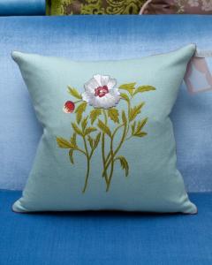 Contemporary Soft Blue Merino Wool and Linen Pillow with Embroidered Flower - 3558301