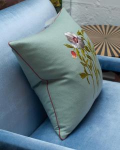 Contemporary Soft Blue Merino Wool and Linen Pillow with Embroidered Flower - 3558303