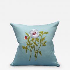 Contemporary Soft Blue Merino Wool and Linen Pillow with Embroidered Flower - 3561256