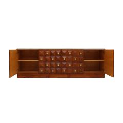 Contemporary Square Pattern Oak Wood Brass and Travertine Top Italian Sideboard - 4579074