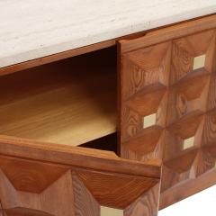 Contemporary Square Pattern Oak Wood Brass and Travertine Top Italian Sideboard - 4579078