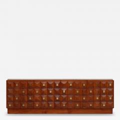 Contemporary Square Pattern Oak Wood Brass and Travertine Top Italian Sideboard - 4579168