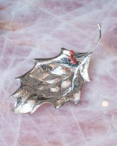 Contemporary Sterling Silver Hand Chased Leaf Tray with Red Stone Berries - 3434400