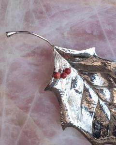 Contemporary Sterling Silver Hand Chased Leaf Tray with Red Stone Berries - 3434401