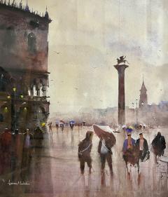 Contemporary Venetian Cityscape Watercolor Painting Framed - 3996113