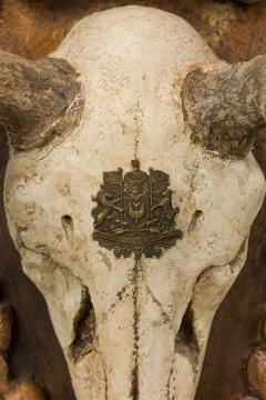 Continental Rustic Wall Plaque Featuring an Elk Skull with a Painted Insignia - 4658786