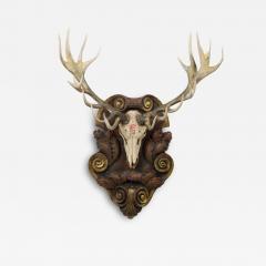 Continental Rustic Wall Plaque of Elk Head with Red Painted E on Curved Plaque - 4412428