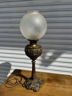Converted 19th C Ornate Brass Oil Lantern Table Lamp w Etched Globe Shade - 4342578