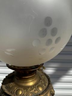 Converted 19th C Ornate Brass Oil Lantern Table Lamp w Etched Globe Shade - 4342592