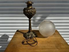 Converted 19th C Ornate Brass Oil Lantern Table Lamp w Etched Globe Shade - 4342602