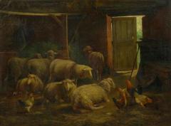 Cornelis Van Leemputten Painting of Sheep in Barn by Cornelis van Leemputten Belgian 1841 1902  - 919268