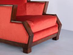 Cubist Art Deco Armchair in Vermilion Mohair Velvet and Maple France 1920s - 3312410