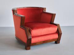 Cubist Art Deco Armchair in Vermilion Mohair Velvet and Maple France 1920s - 3312422