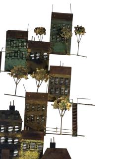 Curtis Jer BRUTALIST METALS BUILDINGS TREES ON HLLSIDE WALL SCULPTURE BY CURTIS JERE - 4694311