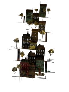 Curtis Jer BRUTALIST METALS BUILDINGS TREES ON HLLSIDE WALL SCULPTURE BY CURTIS JERE - 4698101