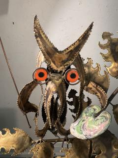 Curtis Jer BRUTALIST MIXED METALS ARTIST OWL ON NATURAL ONYX ROCK BASE SCULPTURE - 3735180