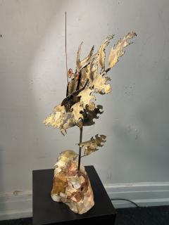 Curtis Jer BRUTALIST MIXED METALS ARTIST OWL ON NATURAL ONYX ROCK BASE SCULPTURE - 3735186