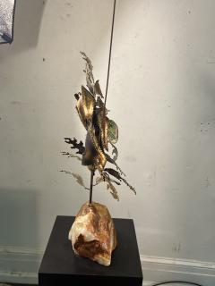 Curtis Jer BRUTALIST MIXED METALS ARTIST OWL ON NATURAL ONYX ROCK BASE SCULPTURE - 3735188