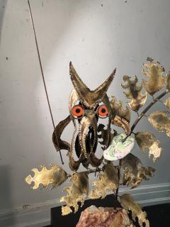 Curtis Jer BRUTALIST MIXED METALS ARTIST OWL ON NATURAL ONYX ROCK BASE SCULPTURE - 3735191
