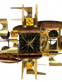 Curtis Jer MID CENTURY BRUTALIST MIXED METALS ENAMEL SCULPTURAL WALL CLOCK - 4694403