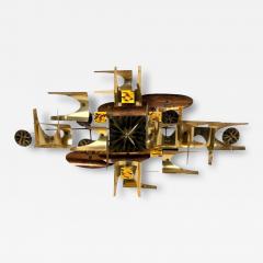 Curtis Jer MID CENTURY BRUTALIST MIXED METALS ENAMEL SCULPTURAL WALL CLOCK - 4694493
