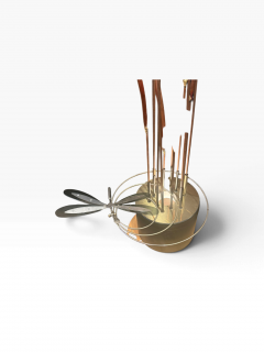 Curtis Jer MIXED METALS CATTAILS REEDS LEAVES DRAGONFLY BRUTALIST ILLUMINATED SCULPTURE - 4779340
