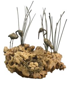 Curtis Jer MODERN BRASS FLAMINGOS WITH NEST ON BRUTALIST CORAL BASE SCULPTURE - 4649066