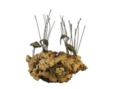 Curtis Jer MODERN BRASS FLAMINGOS WITH NEST ON BRUTALIST CORAL BASE SCULPTURE - 4649070
